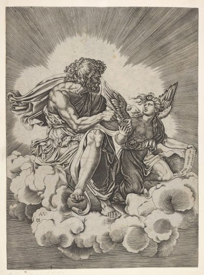 St. Matthäus, auf einer Wolke sitzend, mit gekreuzten Beinen und einem Federkiel in ein Tintenfass tauchend (nach 1518) von Unbekannt