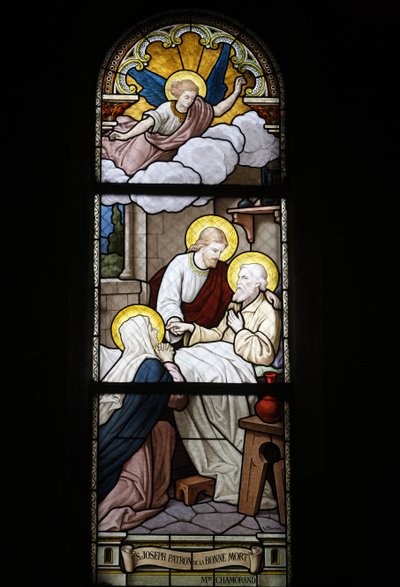 Buntglas in der Notre Dame du Rosaire katholischen Kirche: Heiliger Josef, Schutzpatron des Todes, Saint-Ouen, Frankreich von Unbekannt