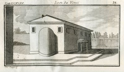 Studien zur Überlagerung von Gebäuden. „Wenn die Körper mit konvexer Oberfläche über anderen Körpern gleicher Farbe enden, erscheint das Ende des Konvexen dunkler.“ Stich aus „Traktat der Malerei“ von Leonardo da Vinci (Leonard de Vinci) von Unbekannt
