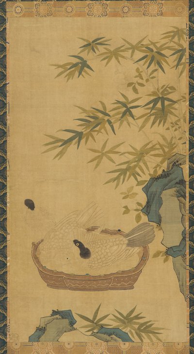 Wandteppich: Tauben baden in einer Schale, Felsen und Bambus, möglicherweise Ming-Dynastie, 1368-1644 von Unbekannt