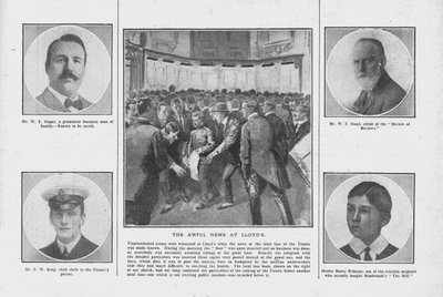 Die schreckliche Nachricht bei Lloyds, mit Porträts einiger derjenigen an Bord der Titanic, 20. April 1912 von Unbekannt