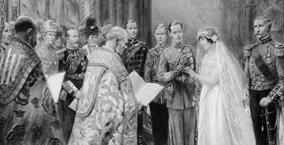 Der Herzog von York steckt Lady Elizabeth Bowes-Lyon den Ring an den Finger, 26. April 1923, 1937 von Unbekannt