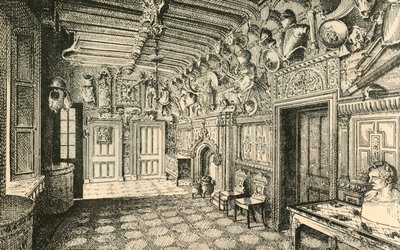 Die Eingangshalle. - Entlang der Wand sind viele alte Rüstungen., 1882 von Unbekannt