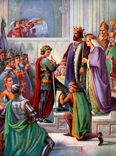 Die Investitur des Schwarzen Prinzen als Ritter des Hosenbandordens, 1348, um 1920 von Unbekannt