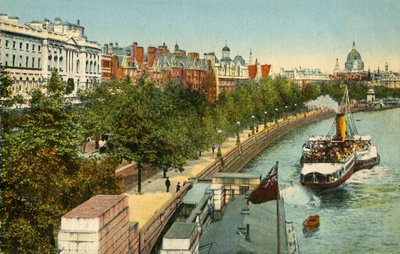 Der Victoria Embankment und Dampfschiff auf der Themse, London, um 1910 von Unbekannt