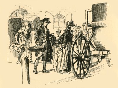 Die Kutsche, die die Reisenden befördern sollte, fuhr vor, 1907 von Unbekannt