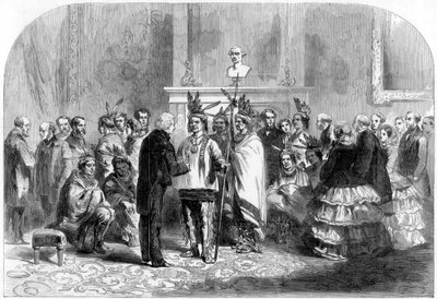 Der Präsident der Vereinigten Staaten bringt die feindlichen Stämme dazu, sich die Hände zu schütteln, 1858 von Unbekannt