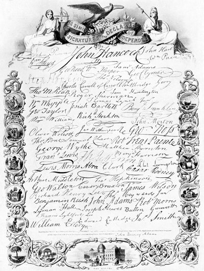 Die Unterschriften zur amerikanischen Unabhängigkeitserklärung, ca. 1776, ca. 1920 von Unbekannt