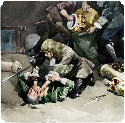 Thomas Blood versucht, die Kronjuwelen aus dem Tower of London zu stehlen, 1671, 1937 von Unbekannt