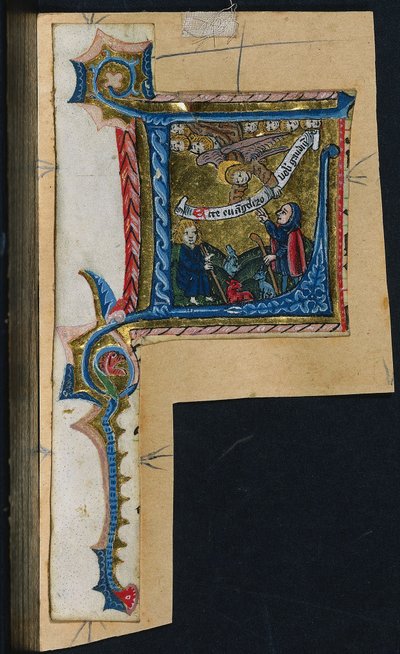 Drei Ausschnitte aus einem Messbuch: Initiale L mit der Verkündigung an die Hirten, um 1470-1500 von Unbekannt