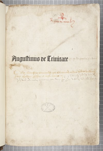 Titelseite von De trinitate und De Civitate Dei cum commento, geschrieben von Augustinus von Hippo (Feder & Tinte auf Papier) von Unbekannt