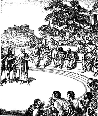 Der Prozess des Sokrates, antiker griechischer Philosoph, 399 v. Chr., 19. Jahrhundert von Unbekannt