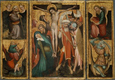 Triptychon der Kreuzigung mit den Heiligen Antonius, Christophorus, Jakobus und Georg, um 1400 von Unbekannt