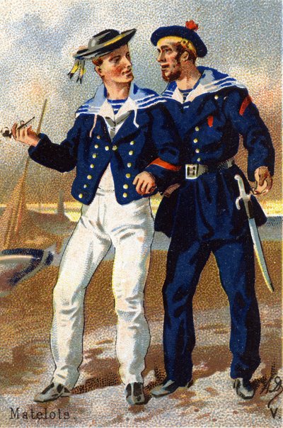 V: Seeleute. Gravur in "Militäralphabet". Initialen des Illustrators: A. D. Unbekannter Herausgeber. Chromolithographien Ende des 19. Jahrhunderts. Dim: 10,5x7cm von Unbekannt
