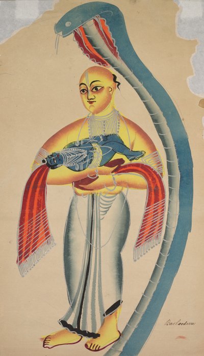 Vasudeva, Krishnas Vater, flieht mit dem Säugling Krishna und begegnet einer Kobra, 1800er von Unbekannt
