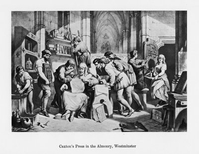 William Caxtons Druckerei im Almonry, Westminster, 15. Jahrhundert, 19. Jahrhundert von Unbekannt
