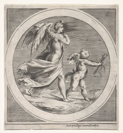 Geflügelte weibliche Figur, drapiert und einen Stab tragend, schreitend hinter einem geflügelten Putto..., ca. 1550-1600 von Unbekannt