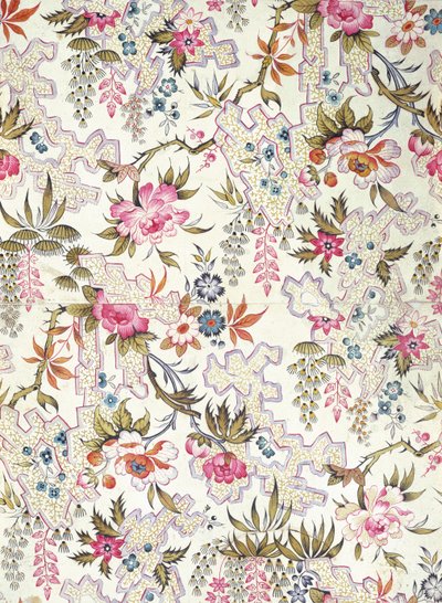 Blumendesign für Seidenmaterial mit stilisierten Blumen und Grundmuster aus Mäandern, gefüllt mit winzigen Seetang, von William Kilburn, um 1790 von Unbekannt Unbekannt