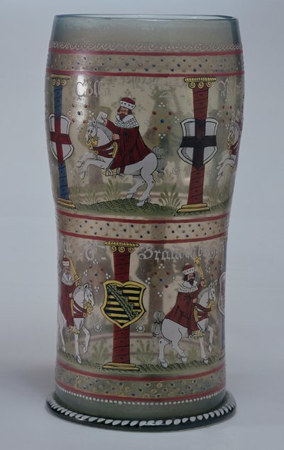 Kurfuerstenhumpen (deutsches Kurfürstenglas) emailliert mit Szenen von Kaiser und sieben Kurfürsten auf weißen Pferden, böhmisch, 1625 von Unbekannt Unbekannt