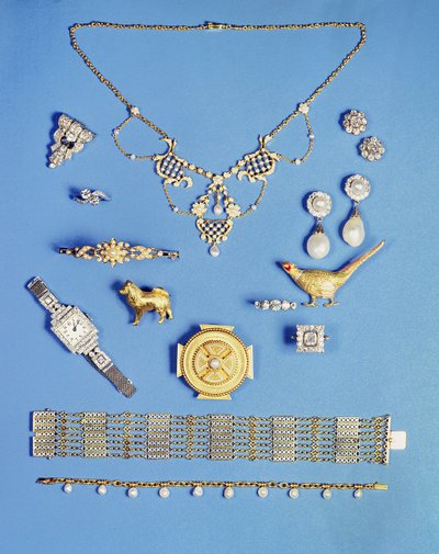 Auswahl an Schmuck: Perlen- und Goldanhänger; Art Deco Diamantbrosche; Perlenohrringe; keltische Goldbrosche; Edwardianisches Kettenarmband; Fasanenbrosche; Goldarmreif mit Halbperlen von Unbekannt Unbekannt