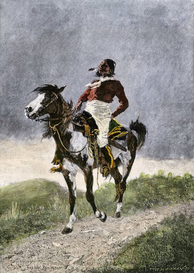 Ein tapferer Comanche, reitet auf einem Pferd in den südlichen Prärien (Texas, Oklahoma, USA), um 1800. Lithographie von Unbekannter Künstler
