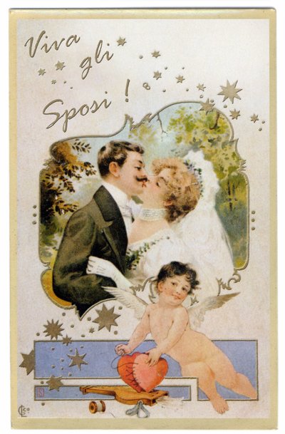 Ein küssendes Brautpaar. Es lebe das Brautpaar! Postkarte um 1901 von Unbekannter Künstler