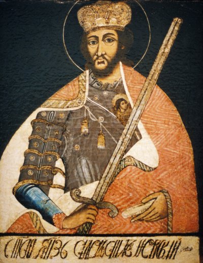 Alexander Newski als Kriegerheiliger in einem Porträt eines unbekannten Künstlers aus dem frühen 18. Jahrhundert, Staatliches Historisches Museum, Moskau von Unbekannter Künstler