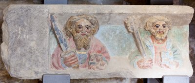 Altarbild. Polychromer Stein. Zweite Hälfte des 14. Jahrhunderts. Ursprung ehemalige Pfarrkirche von Torre de Rialb. Detail. Unteres Register. Linkes Panel. Die Evangelisten Paulus und Petrus. von Unbekannt