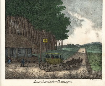 Ein amerikanisches Postamt und eine Postkutsche. Lithografie für das Buch: „Galerie complète en tableaux fidèles des peuples d