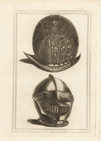 Antiker venezianischer Morionhelm verziert mit militärischen Trophäen und ein Burgonethelm mit einheitlichem Visier und Kinnschutz aus dem Tower of London von Unbekannt