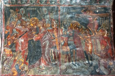 Antike Fresken; Wandmalereien; Kuss des Judas; Kreuzigung Jesu; Panagia und Sotiras Kirche; Griechisch-Orthodoxe Kirche; Roustika; Kreta; Griechenland; Europa von Unbekannt