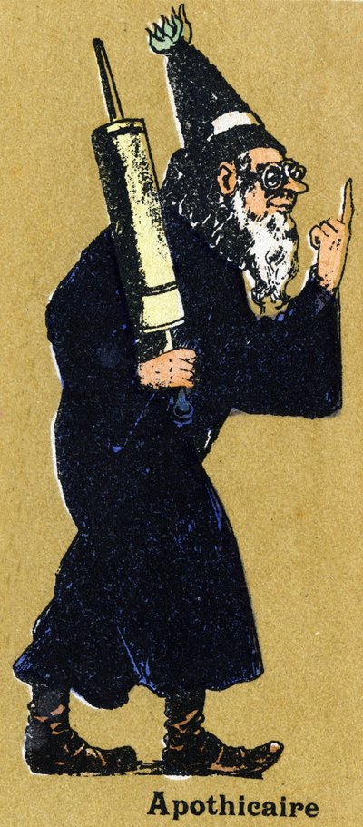 Apotheker mit einem Klistier. Illustriertes Alphabet. Imageries reunited in Jarville-Nancy, Anfang des 20. Jahrhunderts. Lithografie auf bistre Hintergrund von Unbekannt