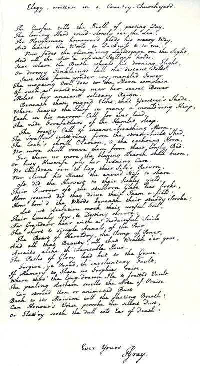 Autographenkopie im Handschrift des Dichters Thomas Gray von seinem Gedicht 
