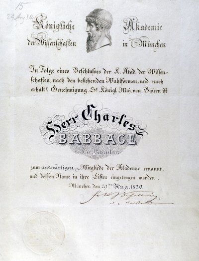 Babbage-Ehrendiplom an Charles Babbage verliehen von Unbekannt