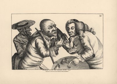 Der bankrotte Toby und seine Frau Doxy betteln in einer Taverne um Käse und Bier. Kupferstich von Thomas Sanders nach einer satirischen Illustration von Timothy Bobbin (John Collier) aus Human Passions Delineated, John Haywood, Manchester. von Unbekannter Künstler