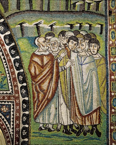 Basilika San Vitale, Detail der Lünettenmosaiken über dem Eingang zum Umgang, die Aaron und die Führer der zwölf Stämme Israels darstellen, Ravenna, Emilia-Romagna, Italien von William M. Timlin