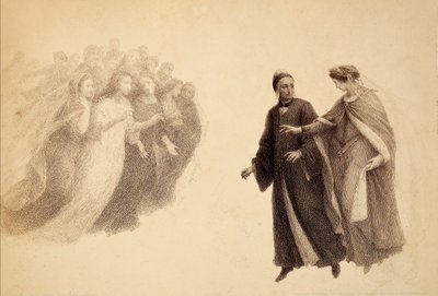 Beatrice zeigt Dante eine Gruppe von Seelen im Firmament des Paradieses. Illustration des Canto III von Paradiso aus der Göttlichen Komödie von Dante Alighieri. Werk von Francesco Scaramuzza, gewidmet der Gemeinde Florenz. von Unbekannter Künstler
