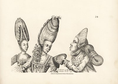 Karikatur der Mode des späten 18. Jahrhunderts: Frauen mit hohen Perücken und einem Garten aus Blumen im Dekolleté, und ein Dandy mit einer hohen Perücke und einer extravaganten Haarmasse, die am Rücken gebunden ist. Kupferstich nach einer satirischen Illu von Unbekannter Künstler