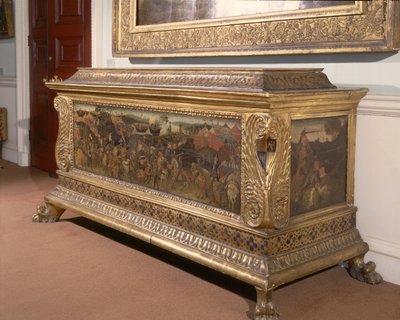 Cassone mit bemalten Tafeln, die die Schlacht von Pharsalia aus der Geschichte von Pompeius und Caesar darstellen, Florentinische Schule von Unbekannt