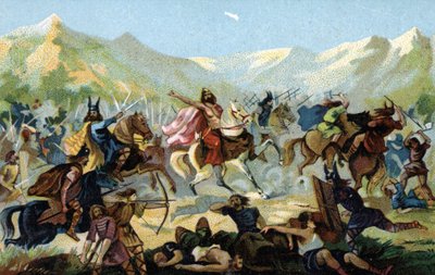 Chlodwig I. (466-511), König der Franken, während der Schlacht von Tolbiac im Jahr 496 gegen den germanischen Stamm der Alemannen, gelobte im Falle eines Sieges die Konversion. Ende des 19. Jahrhunderts (Chromolithographie) von Unbekannter Künstler
