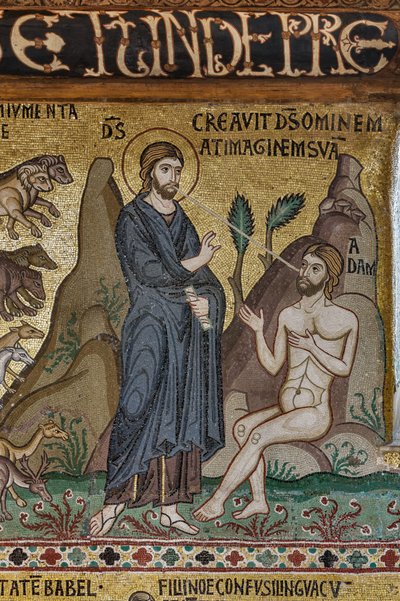 Zyklus der Mosaiken zum Alten Testament, Zyklus der Schöpfung: "Die Erschaffung Adams", 12. Jahrhundert, Die Palatinkapelle, Der Königspalast oder Palazzo dei Normanni (Palast der Normannen), Palermo, Sizilien, Italien von Unbekannter Künstler