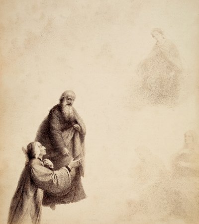Dante, unterstützt von St. Bernhard, sieht Beatrice auf einem Thron unter den Seligen in einem Lichtschein sitzen. Illustration von Canto XXXI in Paradiso der Göttlichen Komödie von Dante Alighieri. Werk von Francesco Scaramuzza, gewidmet der Gemeinde Flor von Unbekannter Künstler