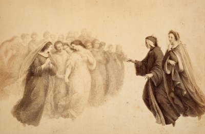 Dante zusammen mit Beatrice und den seligen Geistern. Illustration von Canto XXXIII in Paradiso der Göttlichen Komödie von Dante Alighieri. Werk von Francesco Scaramuzza, gewidmet der Gemeinde Florenz von Unbekannter Künstler