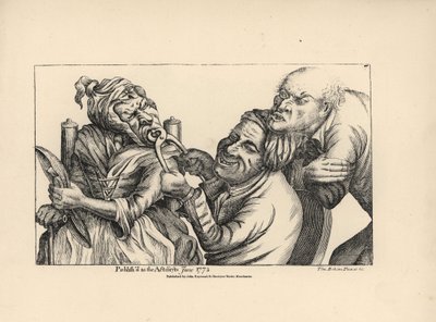 Zahnarzt lacht, während er mit einer Zange einen schlechten Zahn aus dem Mund einer alten Frau zieht. Kupferstich nach einer satirischen Illustration von Timothy Bobbin (John Collier) aus Human Passions Delineated, John Haywood, Manchester. von Unbekannter Künstler