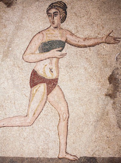 Detail der Kammer der Zehn Jungfrauen oder das Mosaik der „Bikini-Mädchen“. Laufend. 3. - 4. Jahrhundert. Römische Villa del Casale, Sizilien. UNESCO-Stätte. von Unbekannt