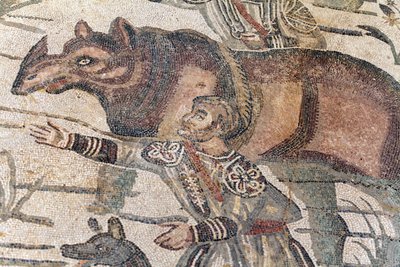 Detail des großen Jagdmosaiks. Ein Nashorn wird auf ein Boot geführt, um zum nächsten Hafen transportiert zu werden. 3. - 4. Jahrhundert. Römische Villa del Casale, Sizilien. UNESCO-Weltkulturerbe. von William M. Timlin