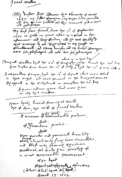 Einträge von Izaak Walton in seinem Exemplar des Book of Common Prayer, nach 1662 von Unbekannt