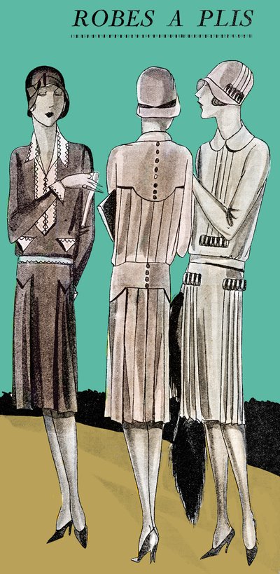 Mode: Plissierte Tageskleider im Frühling 1928 von Unbekannter Künstler