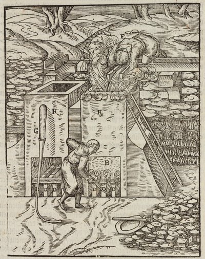 Ofen zum Erhitzen des Golderzes - Gravur aus Beschreibung der Erze und der wichtigsten Bergbaumethoden, von Lazarus Ecker von Unbekannt