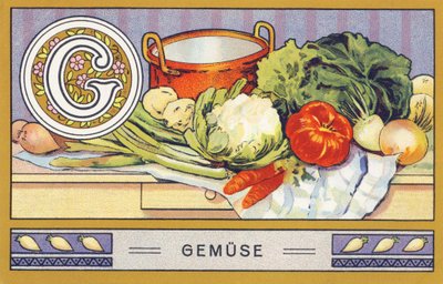 G: Gemüse - Alphabet Palmin. Serie von Chromolithographien herausgegeben von H. Schlinck & Cie, Hamburg. Werbung für Palmin feinstes Kokosfett. von William M. Timlin
